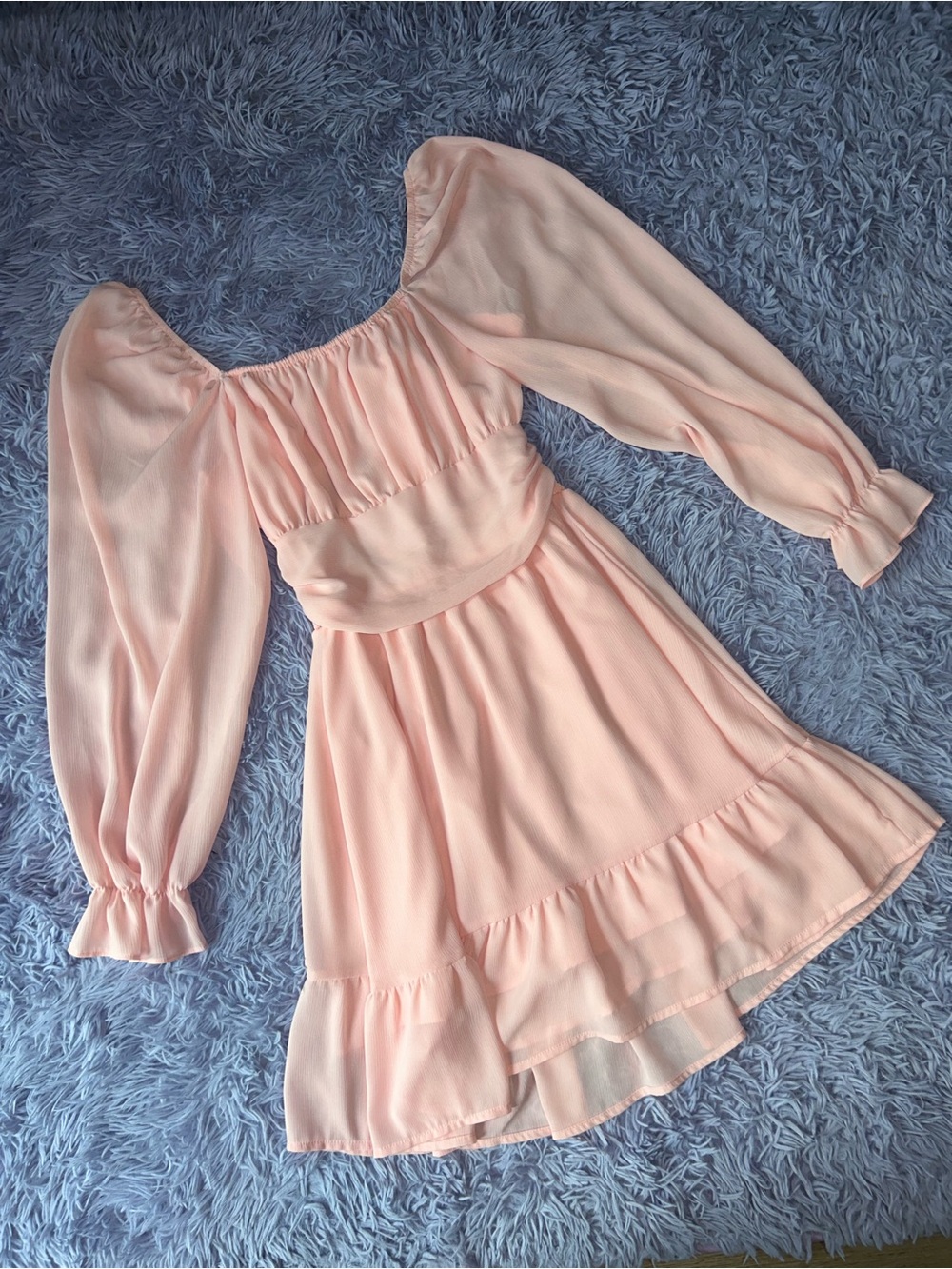 Blush Pink Puff-Sleeve Ruffle Dress